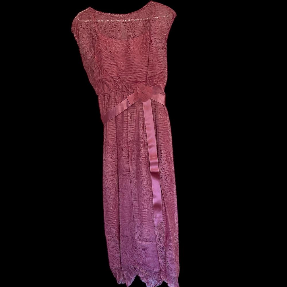 Vintage union made pink maxi lace overlay, floral sash fully lined